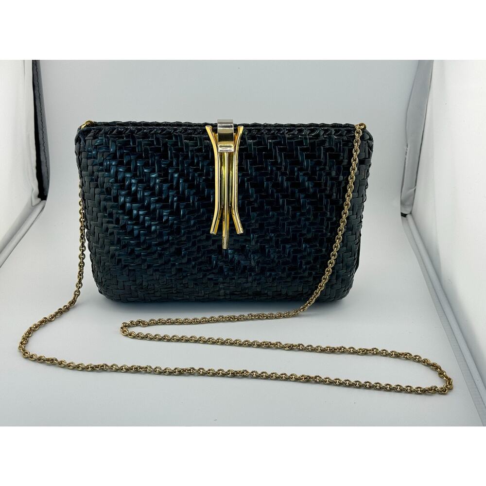 Rare RODO Vintage Green Black Wicker‎ Weave Gold Purse Italy Made Art Deco 1960s